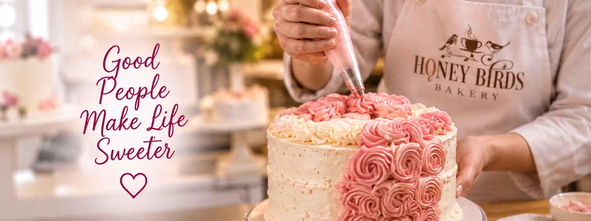 Honey Birds Bakery team member decorating a cake