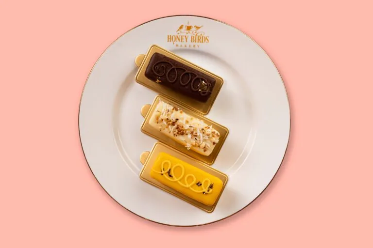 Three cheesecake bars - chocolate, coconut hazelnut, and mango - on a Honey Birds Bakery plate