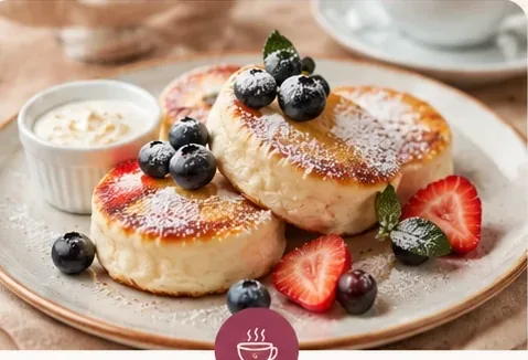Syrniki with fresh berries and cream