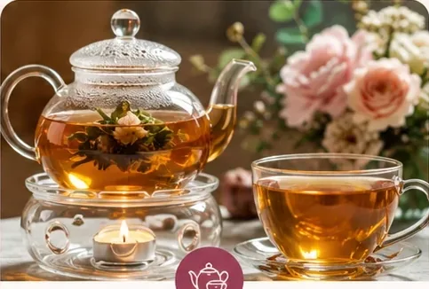 Glass teapot with brewing flower tea and porcelain cup